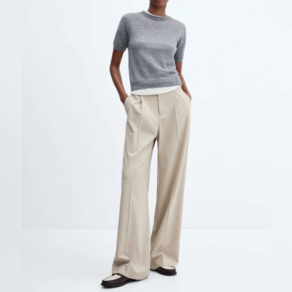 NEW Mango Striped Trousers-Size 12-Beige with Light Blue Stripe - Picture 2 of 15